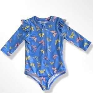 Pink Platinum One-piece shine Swimsuit Blue Butterfly 3/4 Sleeve size 10/12​